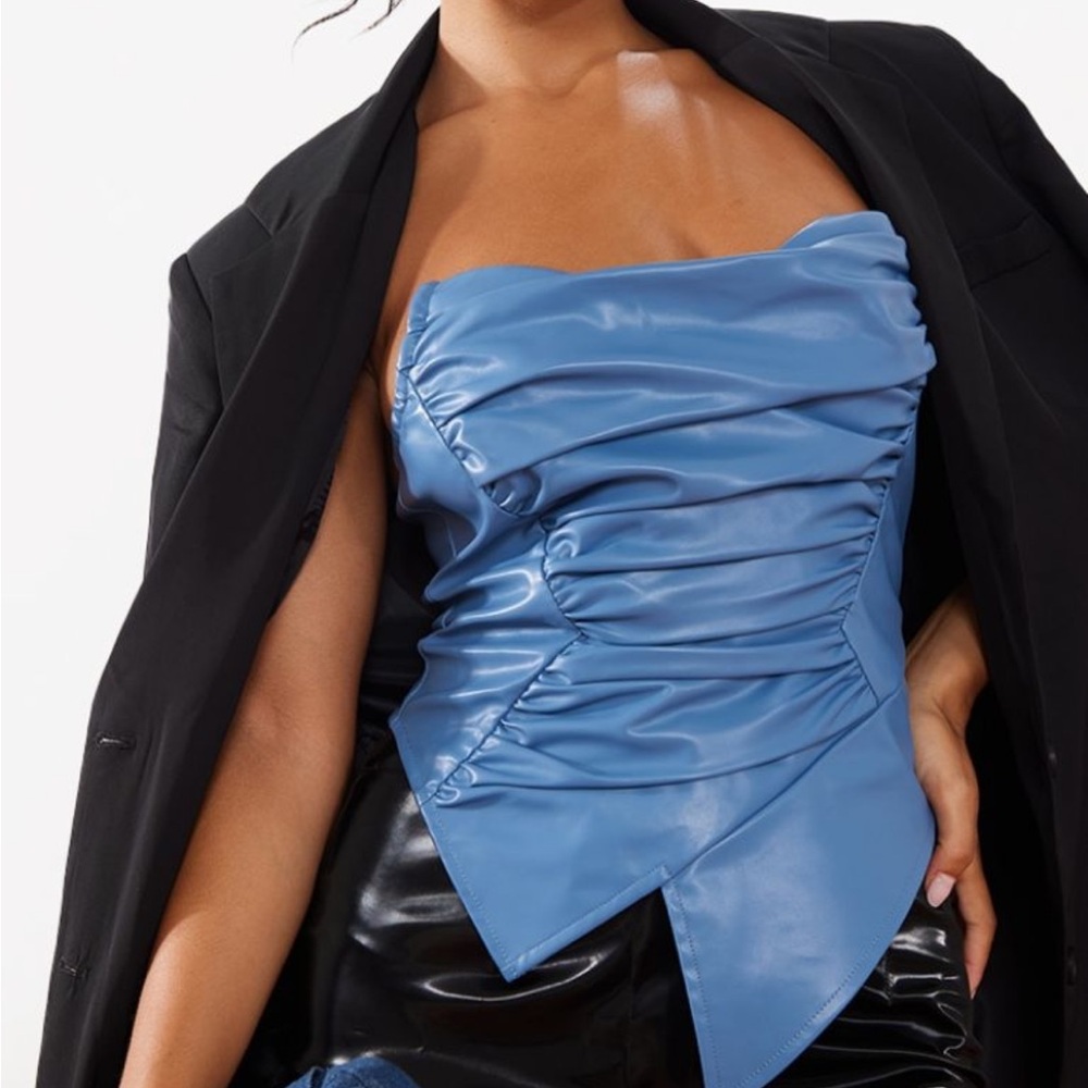 Pretty little thing Blue Faux Leather Asymmetric Pointed Hem Corset Size 6